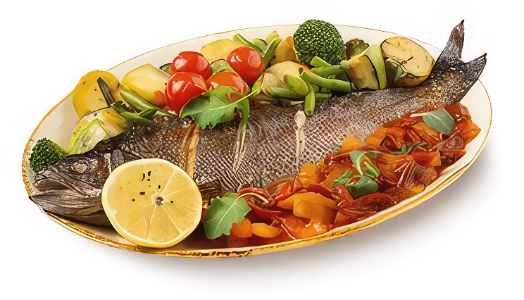 Форель с печеными овощами и лечо