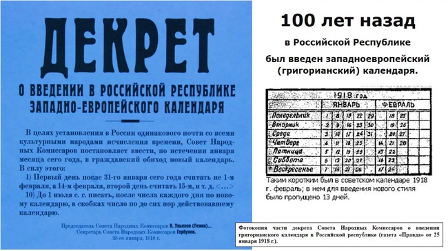 В РСФСР переход на григорианский календарь осуществился по декрету Совнаркома РСФСР