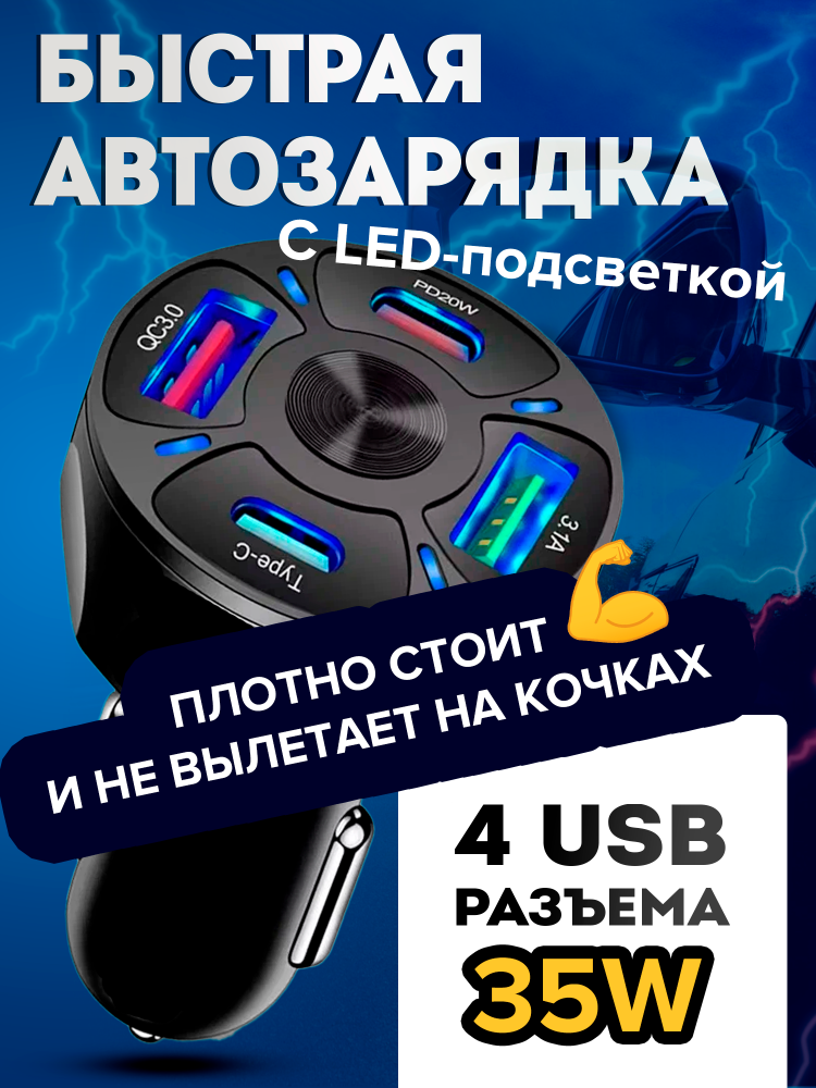 Автомобильное зарядное устройство в прикуриватель 35W / Быстрая зарядка в прикуриватель для телефона / 
