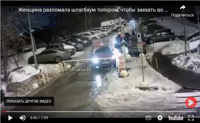 Женщина решила разрубить шлагбаум топором, чтобы заехать во двор