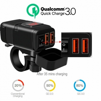 Влагозащитное зарядное устройство QC3.0 с 2 портами USB с дисплеем на руль мотоцикла