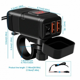 Влагозащитное зарядное устройство QC3.0 с 2 портами USB с дисплеем на руль мотоцикла