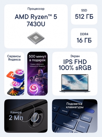 Ноутбук LUNNEN Ground 15 (2025), AMD Ryzen 5 7430U, RAM 16 ГБ, SSD 512 ГБ, IPS Full HD 1920x1080, Windows 11 Home, цвет Silver Sea
