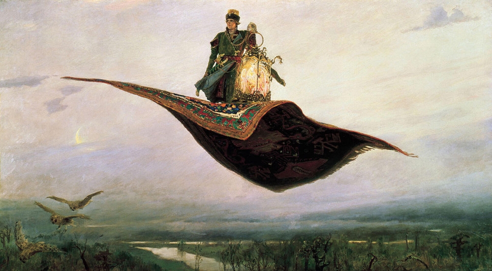 Какой сказочный персонаж летит на ковре-самолёте на этой картине Виктора Васнецова?