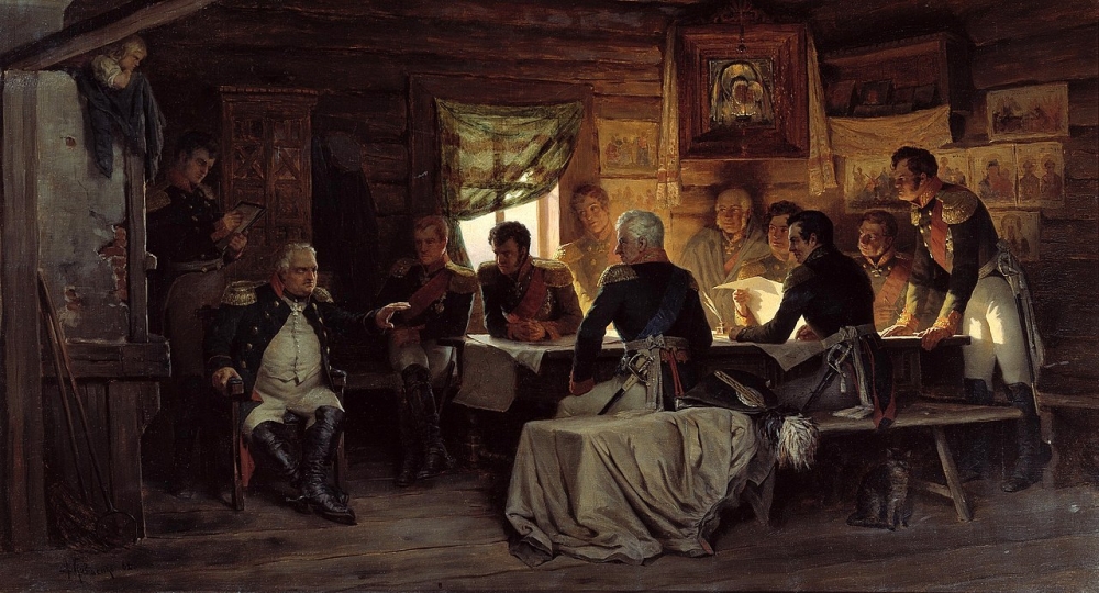Это знаменитая картина Алексея Кившенко «Совет в Филях». Кто сидит между Беннигсеном и Ермоловым?