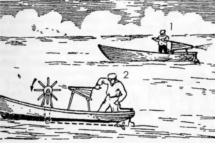 На рисунке схематично изображены два способа использования энергии газовой струи для движения лодки. Какой способ действеннее?