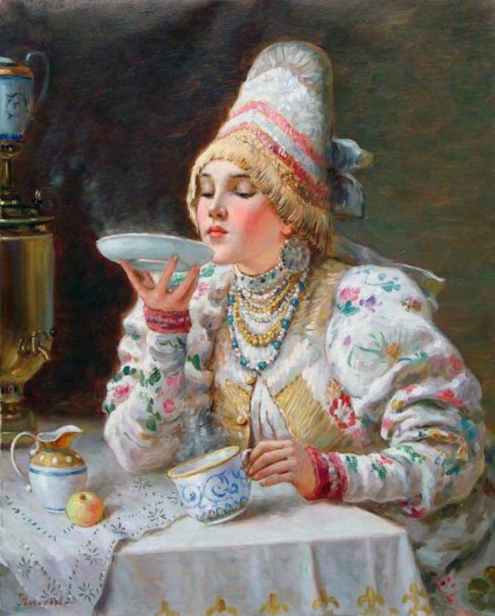 Сколько лет было Константину Маковскому, когда он написал свою картинку в стиле романтизма «За чаем» или «Купчиха за чаем»? Она увидела свет в 1914 году.