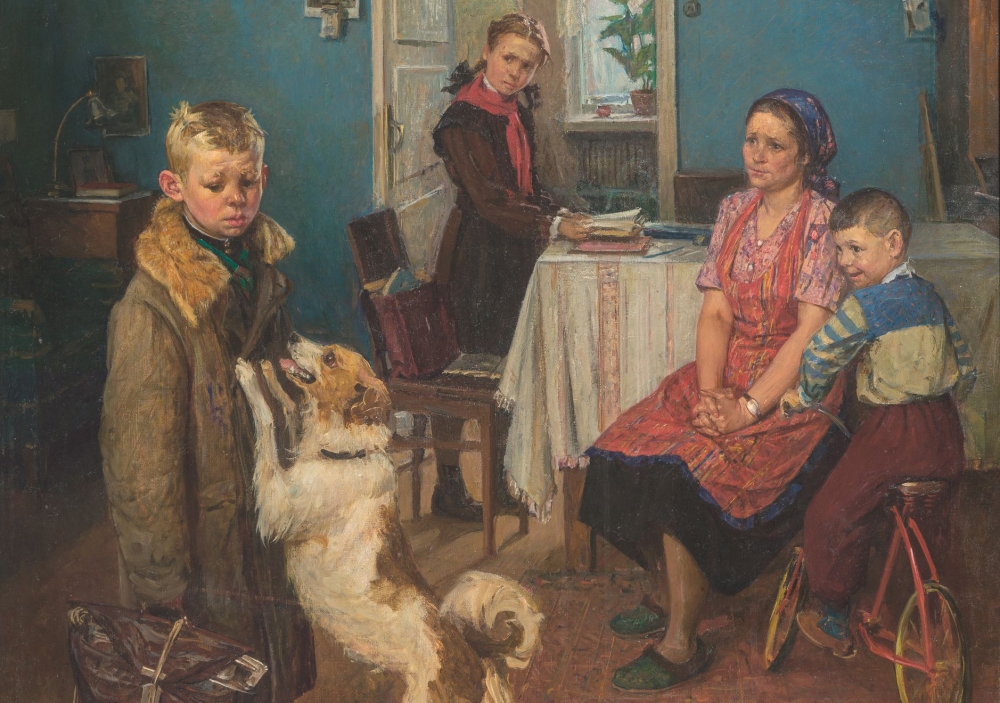 Это знаменитая картина Фёдора Решетникова. Эта семья живёт не так уж плохо: в комнате хорошая мебель, ковёр на полу, велосипед у младшего мальчика. У детей есть всё необходимое, чтобы хорошо учиться. Какую оценку принёс он из школы?