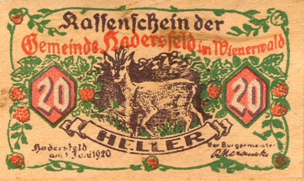 Из какого материала в 1920 году в Австрии была выпущена купюра номиналом 20 хеллеров?